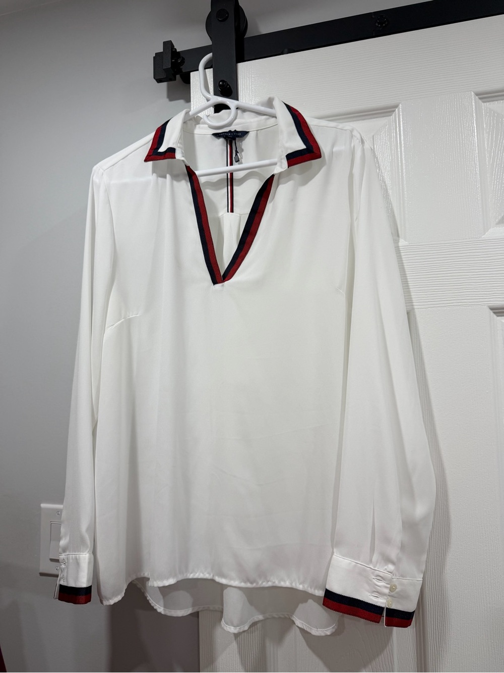 White woman Long-Sleeve Polo-Style Shirt with Red & Navy Trim